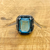 Authentic Turkish Handmade Men's Aquamarine 925 Sterling Silver Ring - Square Cut Gemstone, Gift Ready