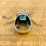 Authentic Turkish Handmade Men's Aquamarine 925 Sterling Silver Ring - Square Cut Gemstone, Gift Ready