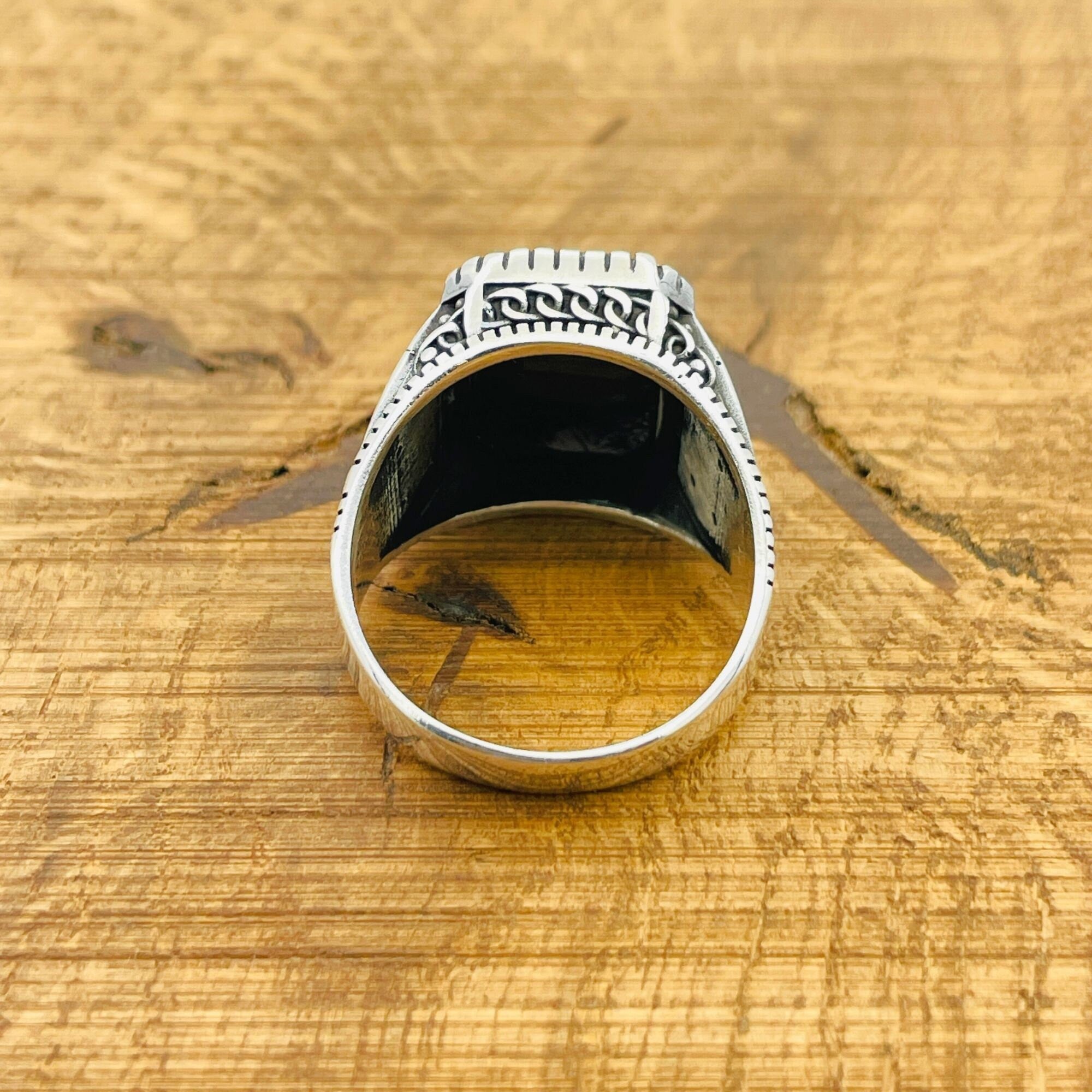 خاتم مربع من الفضة الإسترلينية 925 والجزع الأسود للرجال مصنوع يدوياً تركياً أصلياً