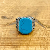 Men's Turkish Handmade 925 Sterling Silver Natural Turquoise Square Gemstone Ring