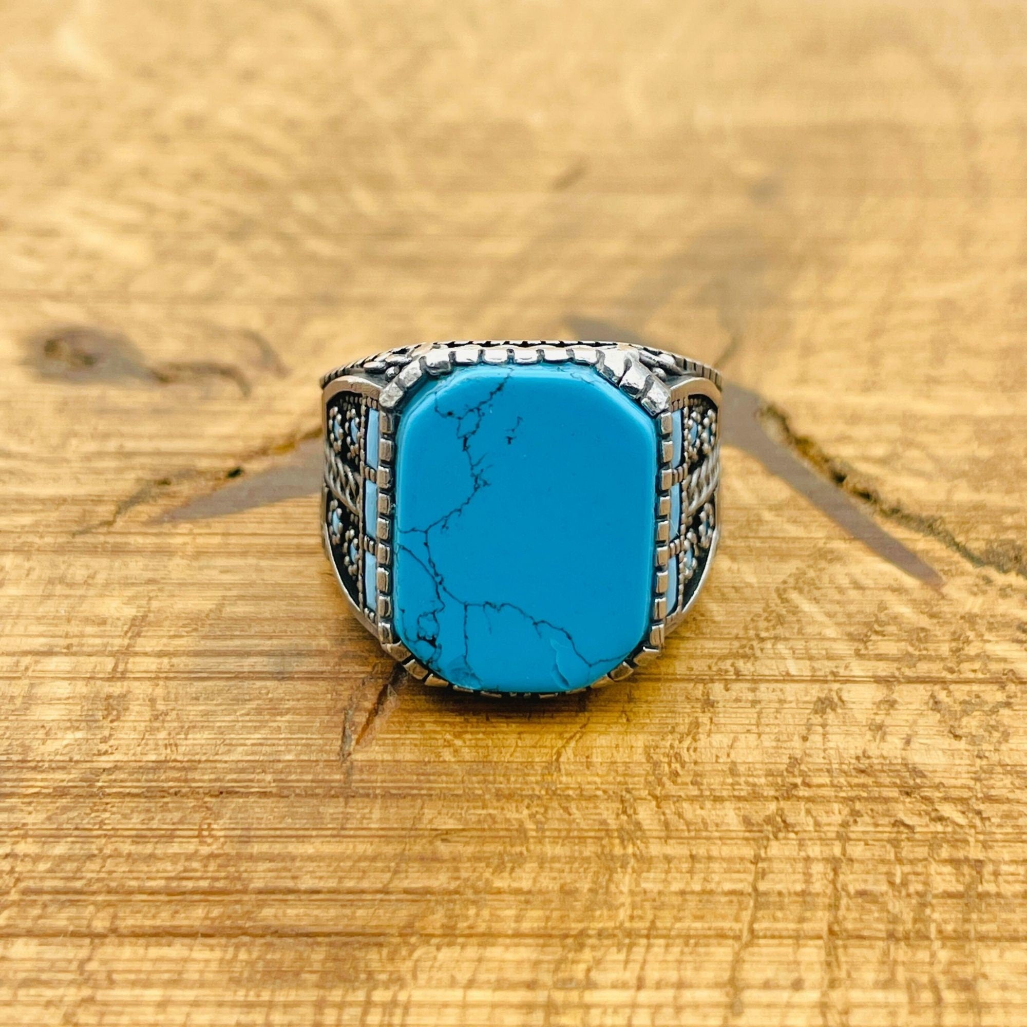 Men's Turkish Handmade 925 Sterling Silver Natural Turquoise Square Gemstone Ring