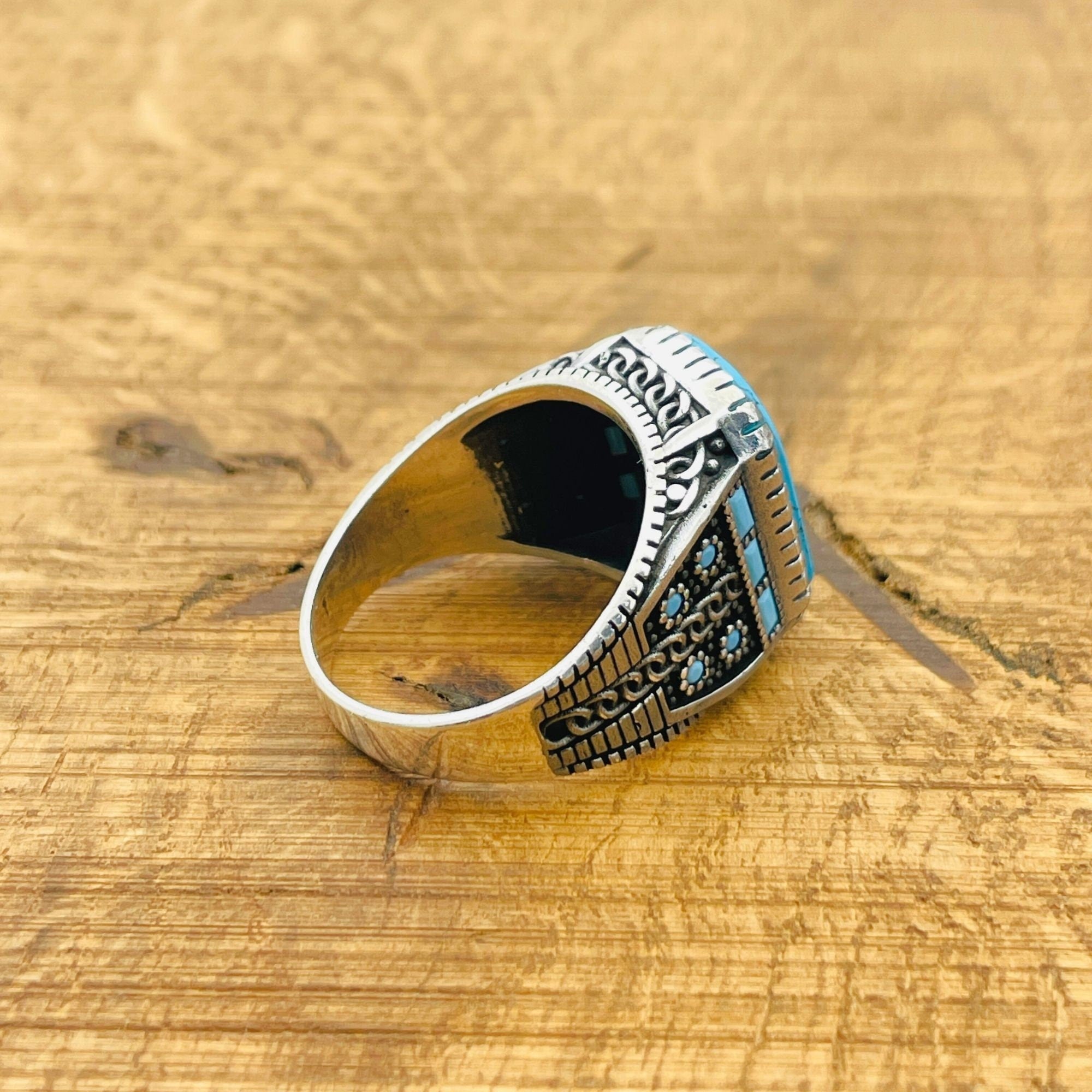 Men's Turkish Handmade 925 Sterling Silver Natural Turquoise Square Gemstone Ring