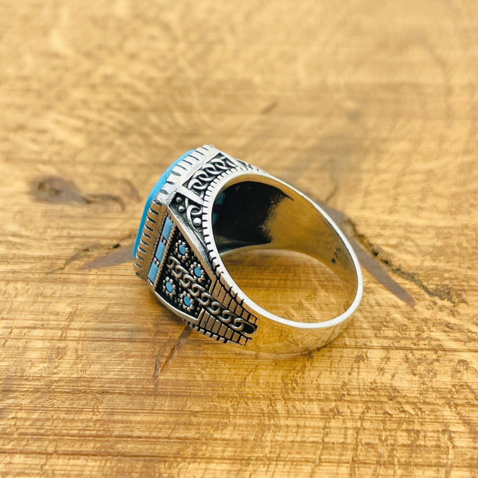 Men's Turkish Handmade 925 Sterling Silver Natural Turquoise Square Gemstone Ring