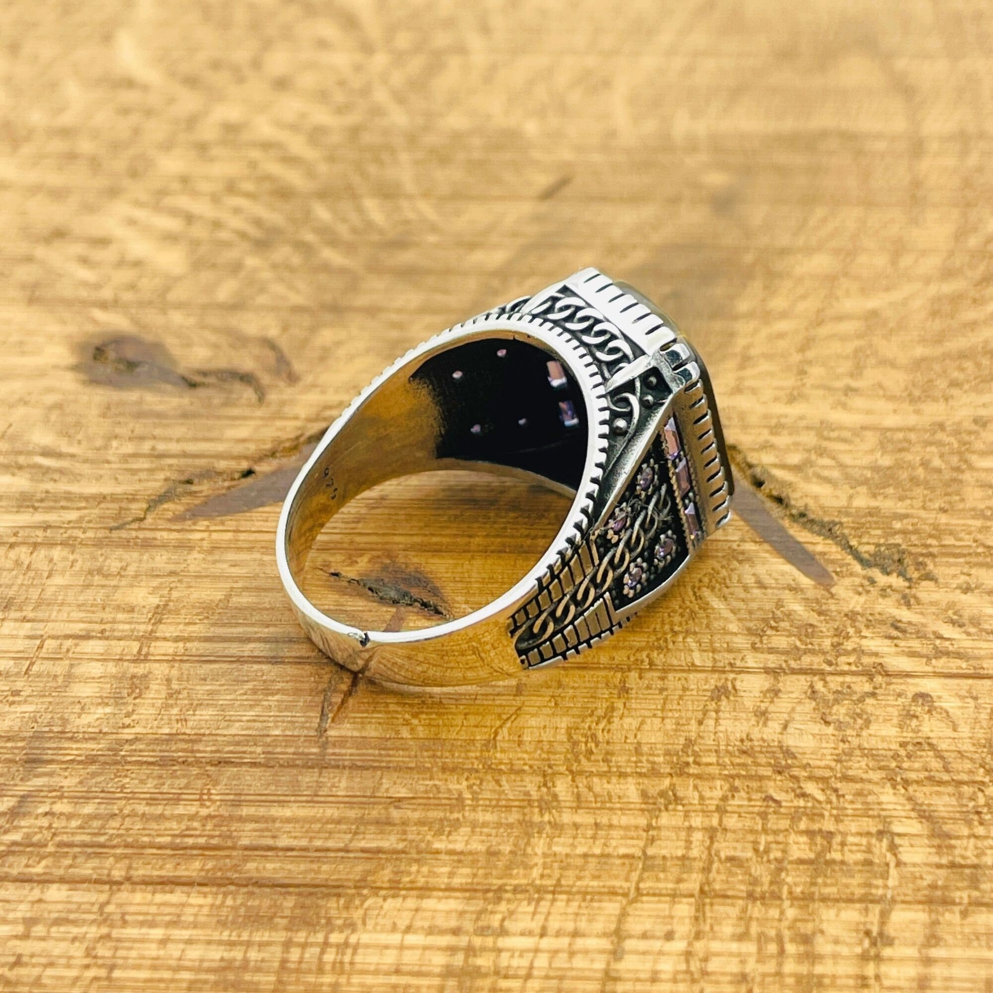 خاتم مربع رجالي أصلي تركي مصنوع يدويًا من الفضة الإسترلينية 925 بعين النمر