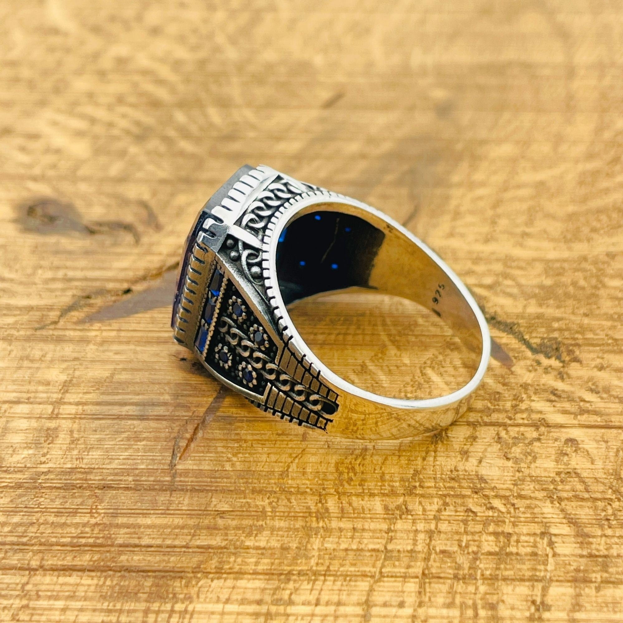 خاتم رجالي مصنوع يدويًا من الفضة الإسترلينية التركية 925 مع زركون أزرق - مجوهرات بيان على الطراز العثماني