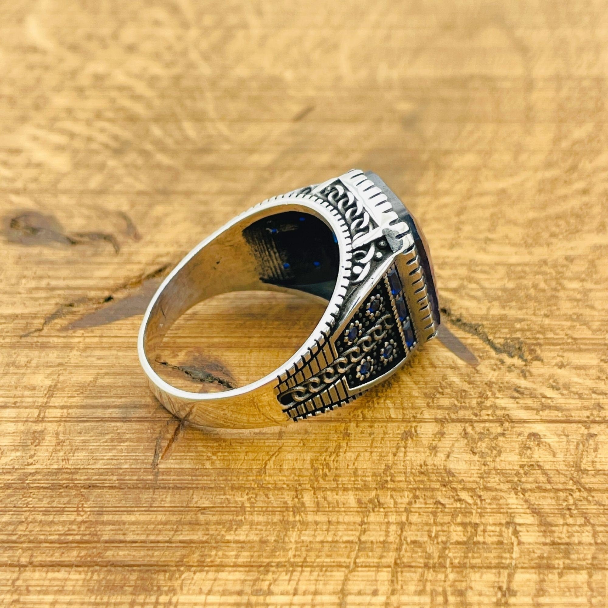 خاتم رجالي مصنوع يدويًا من الفضة الإسترلينية التركية 925 مع زركون أزرق - مجوهرات بيان على الطراز العثماني