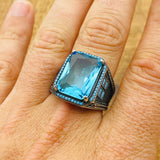 Men's Handmade Turkish Aquamarine Baguette Ring | 925 Sterling Silver Blue Gemstone Gift