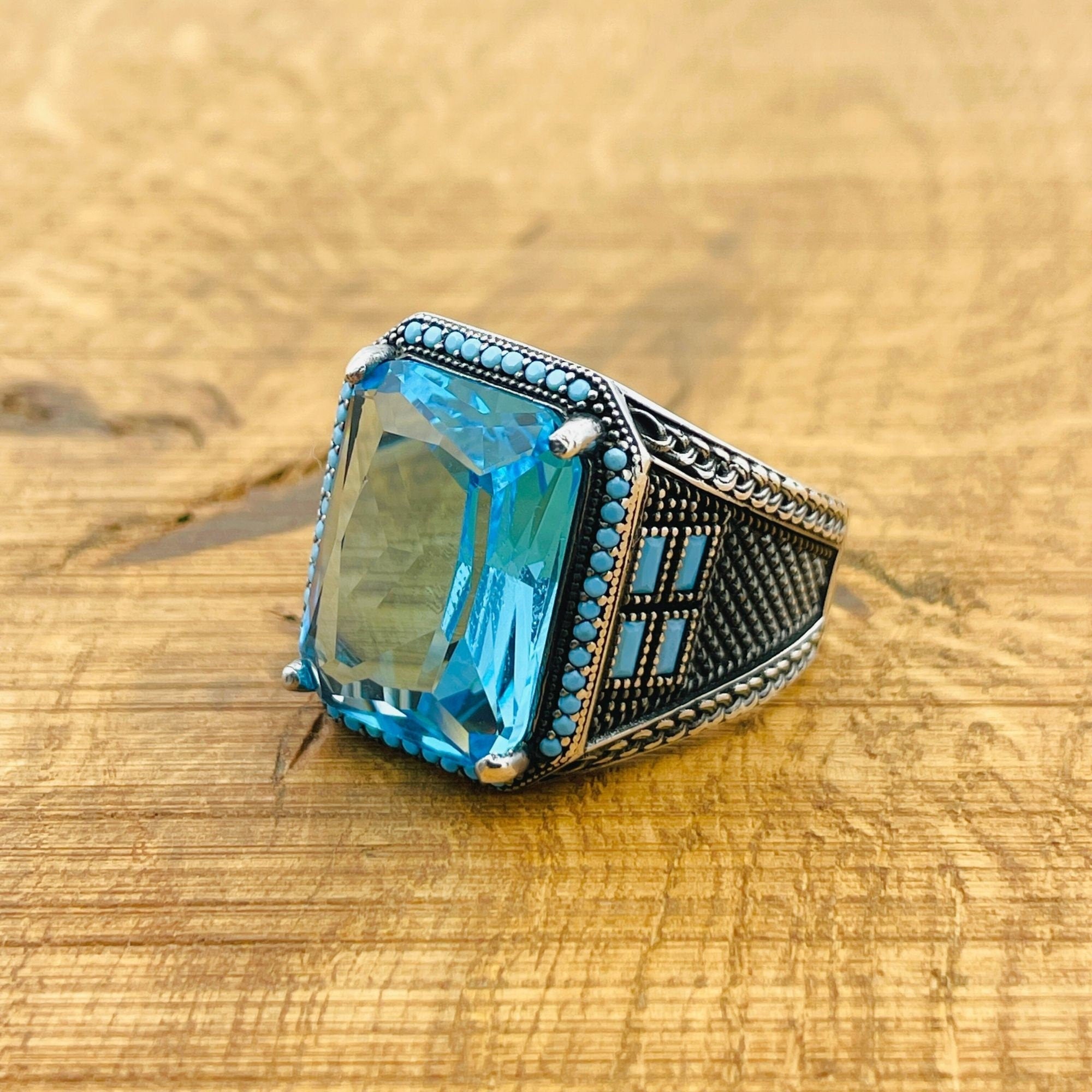 Men's Handmade Turkish Aquamarine Baguette Ring | 925 Sterling Silver Blue Gemstone Gift