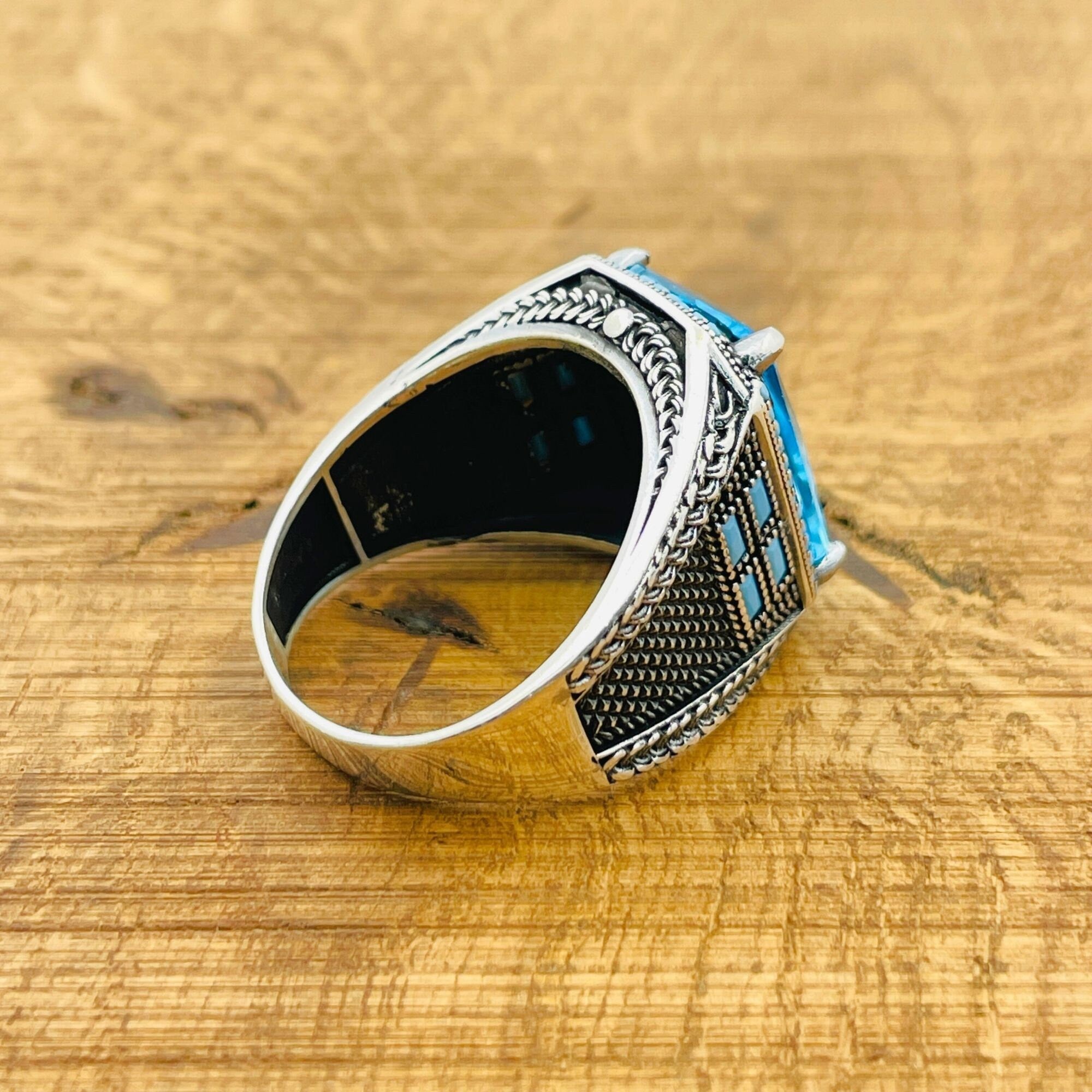 Men's Handmade Turkish Aquamarine Baguette Ring | 925 Sterling Silver Blue Gemstone Gift