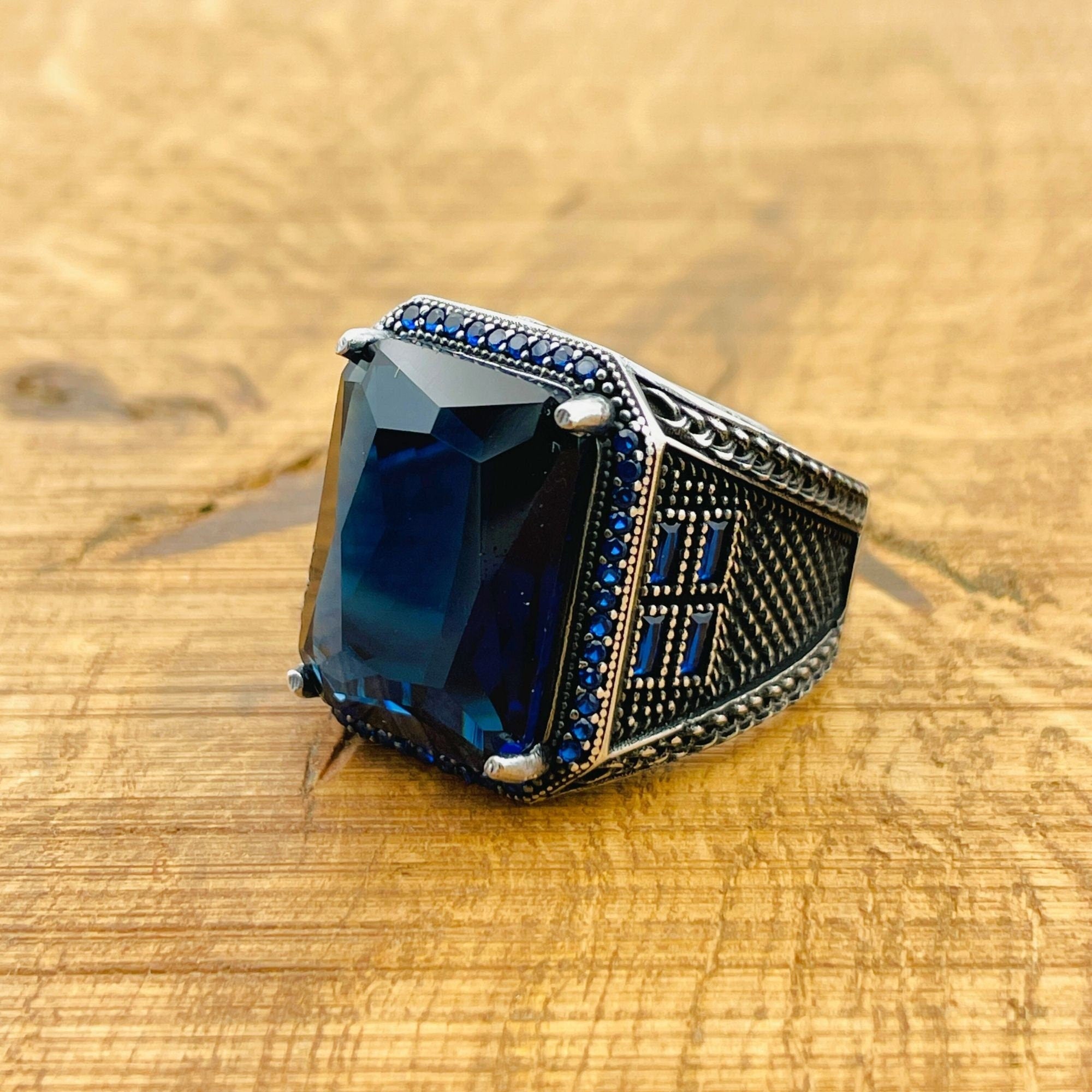 Men's Handmade Turkish Blue Sapphire 925 Sterling Silver Ring