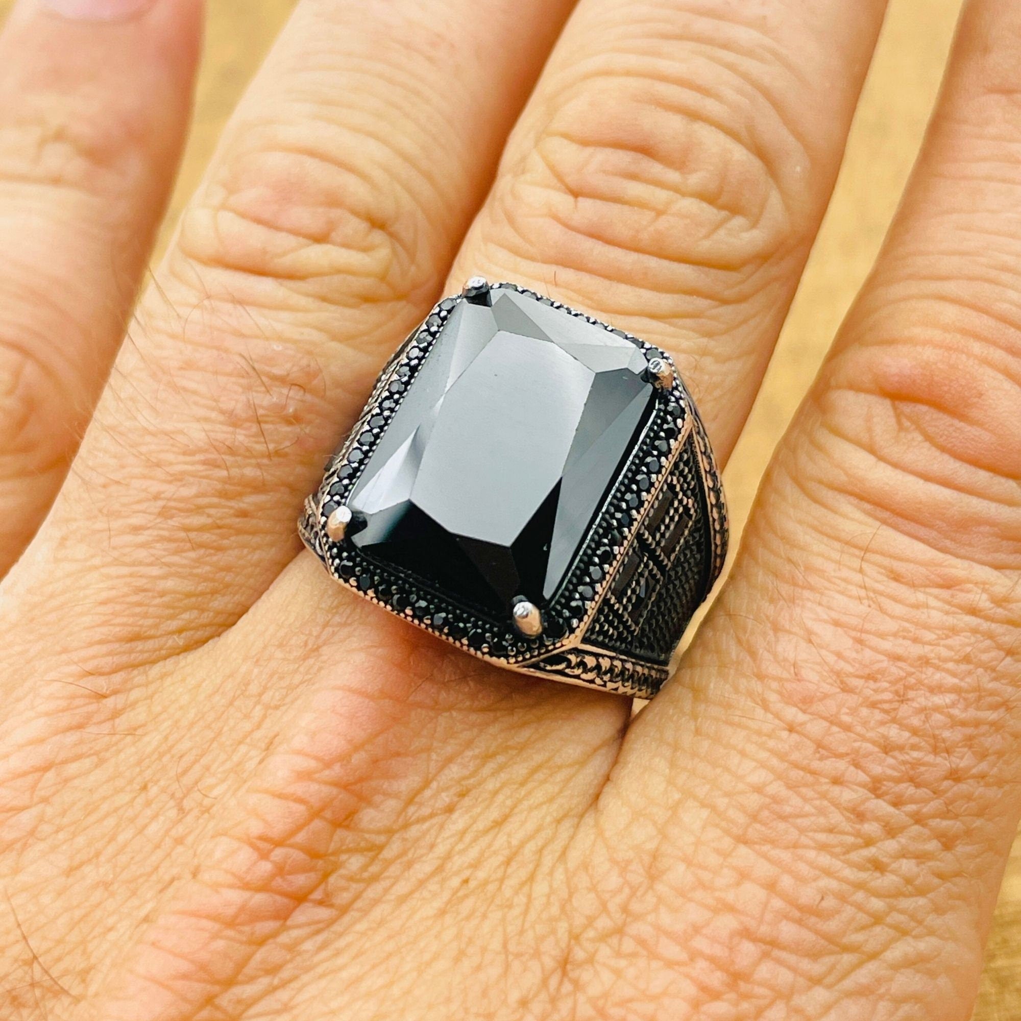 Men's Handcrafted Turkish 925 Sterling Silver Black Zircon Ring