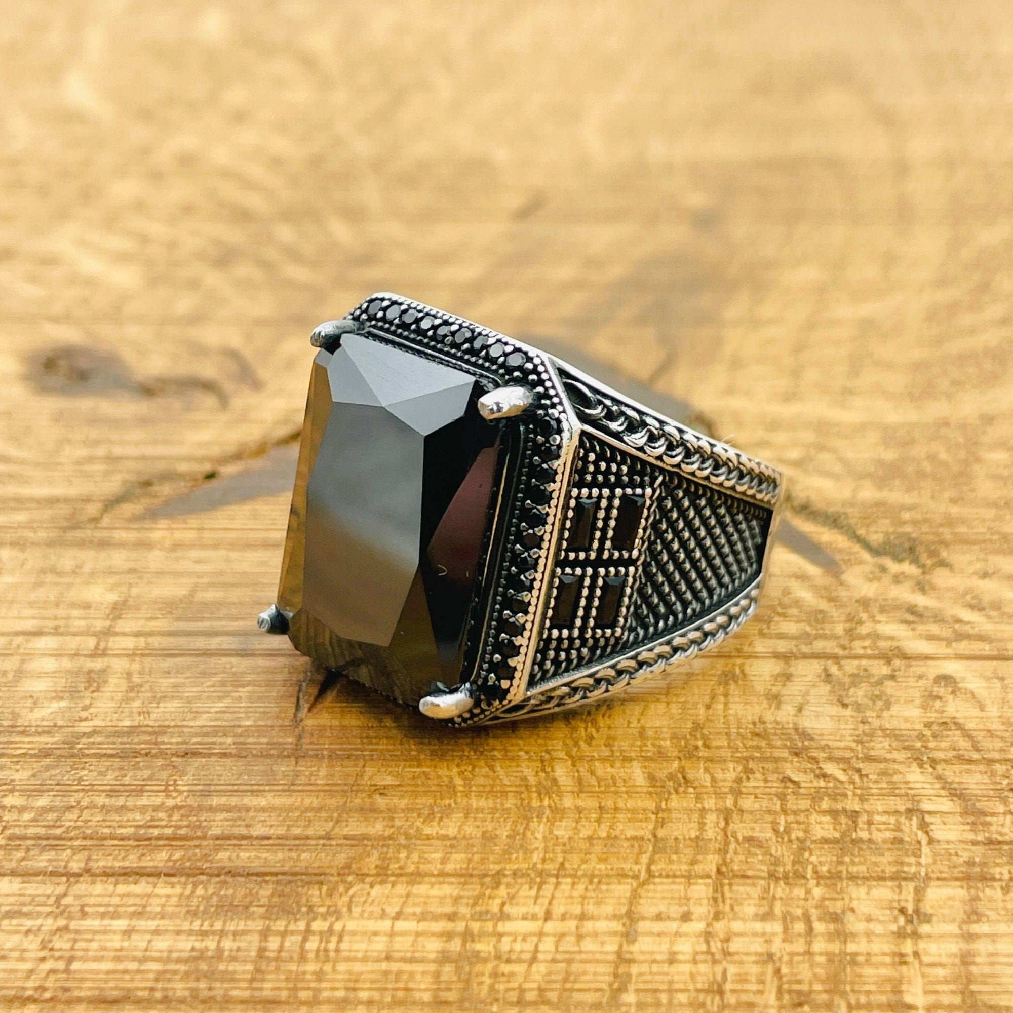 Men's Handcrafted Turkish 925 Sterling Silver Black Zircon Ring