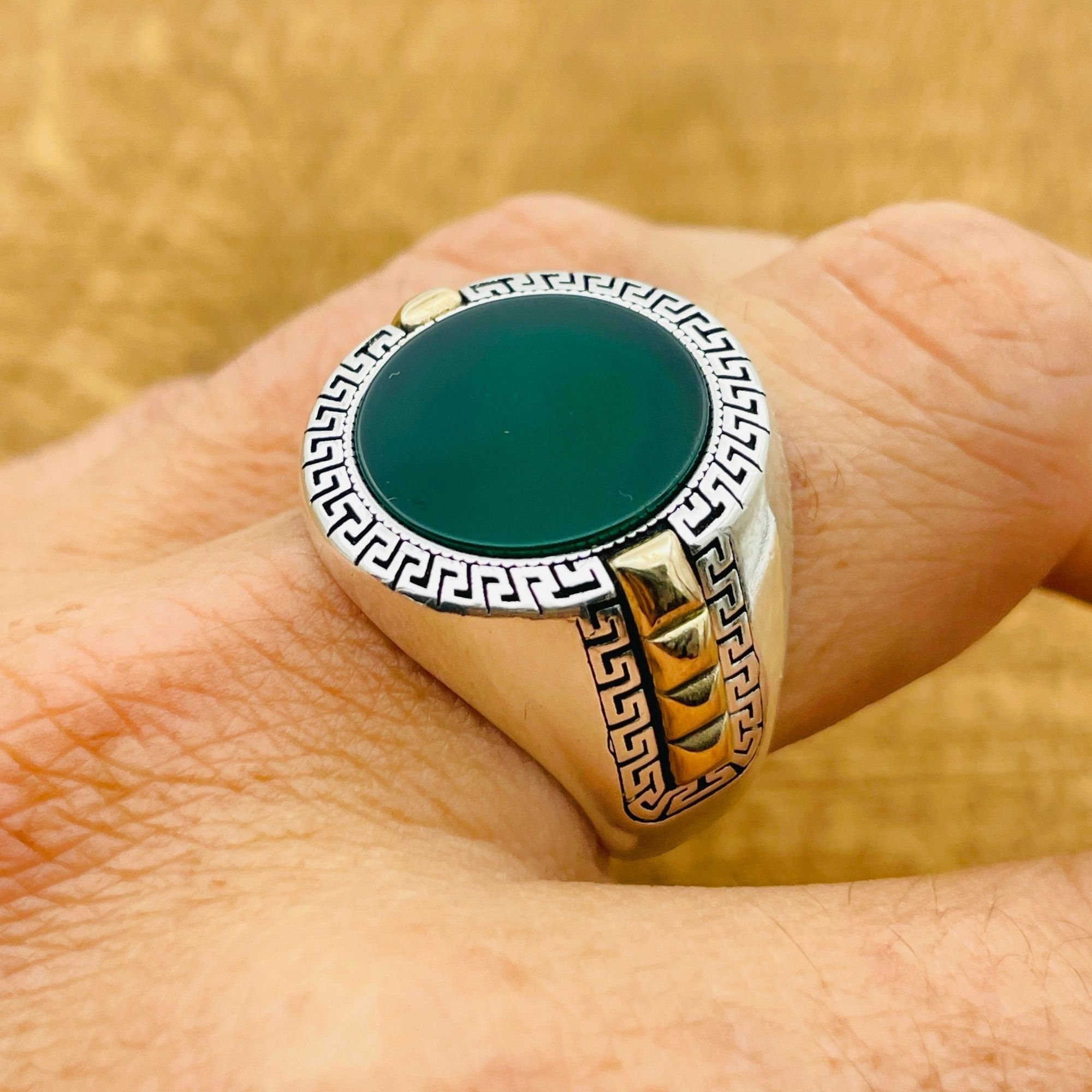 Men's Authentic Turkish Green Aqeeq Agate 925 Sterling Silver Ring
