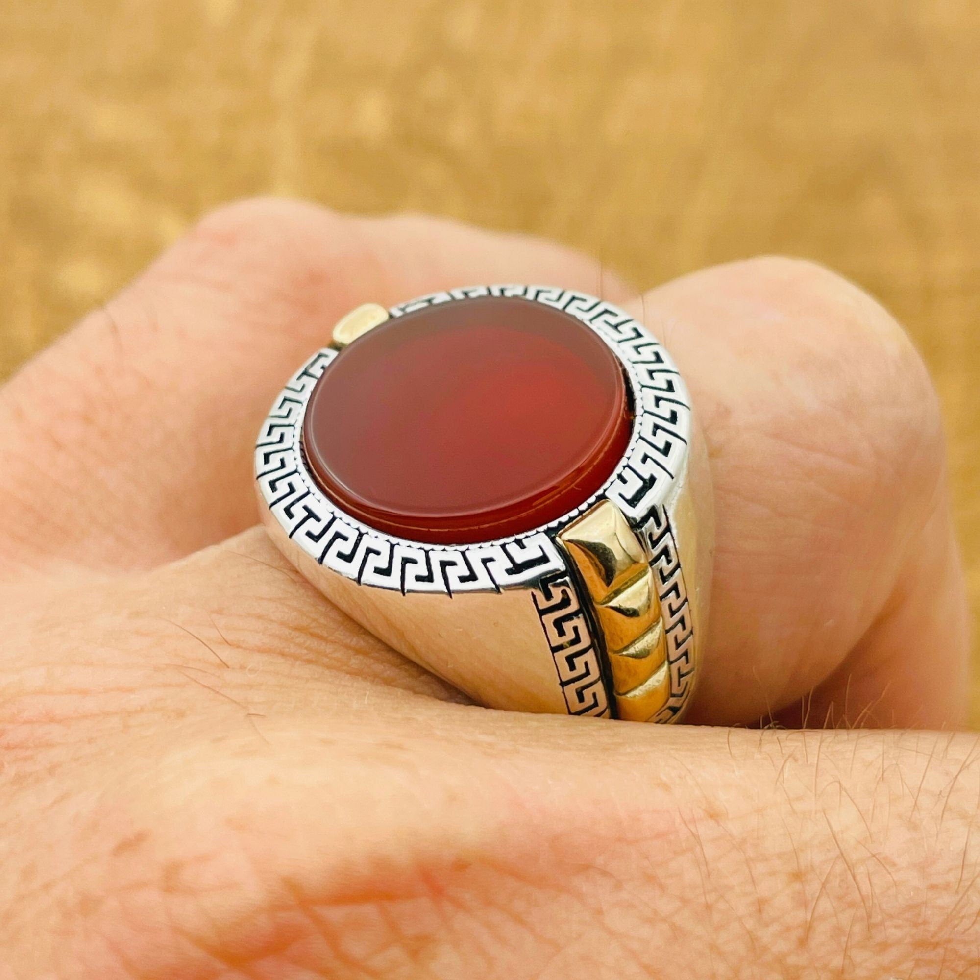 Turkish Handmade Men's 925 Sterling Silver Ring with Natural Red Aqeeq Stone - Authentic & Unique Gift