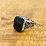 Handmade Turkish 925 Sterling Silver Men's Ring with Genuine Square Black Onyx Gemstone