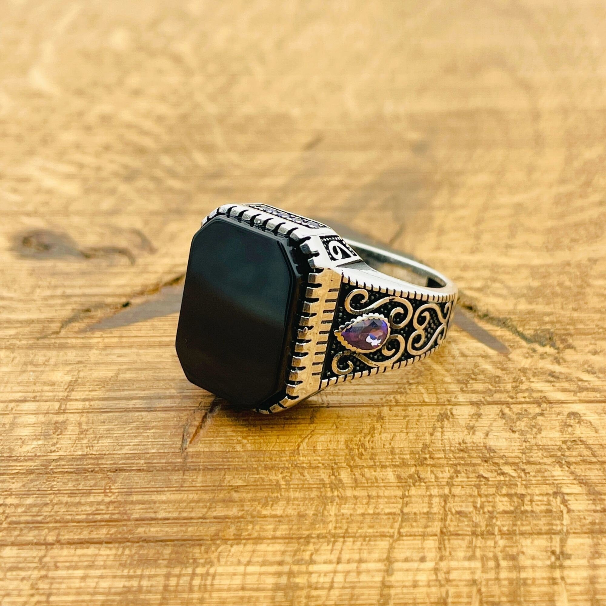 Handmade Turkish 925 Sterling Silver Men's Ring with Genuine Square Black Onyx Gemstone