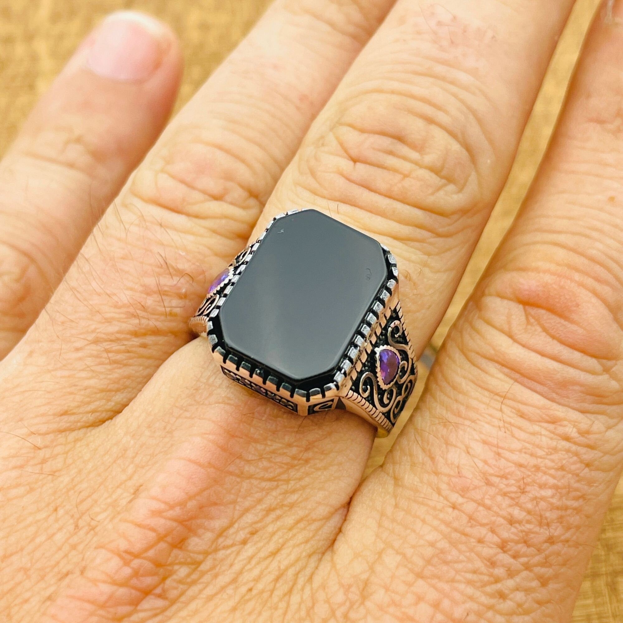 Handmade Turkish 925 Sterling Silver Men's Ring with Genuine Square Black Onyx Gemstone