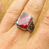 Men's Turkish Handmade Red Zircon 925 Sterling Silver Vintage Ring - Gift For Him