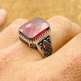 Men's Turkish Handmade Red Zircon 925 Sterling Silver Vintage Ring - Gift For Him