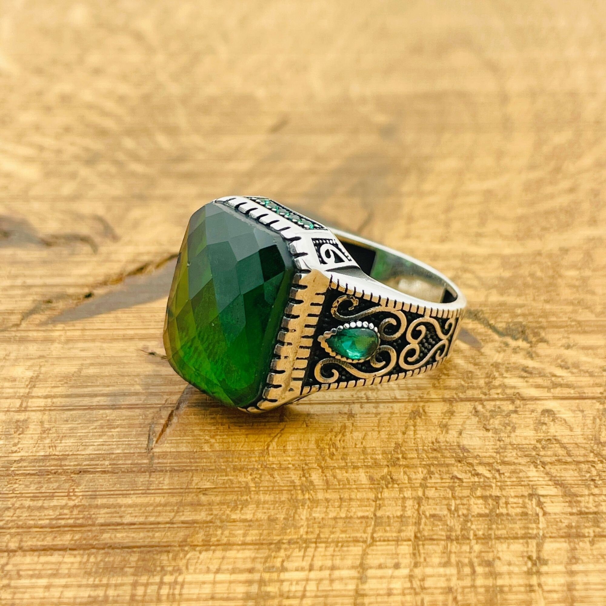 Authentic Turkish 925 Sterling Silver Men's Green Zircon Statement Ring