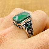 Authentic Turkish 925 Sterling Silver Men's Green Zircon Statement Ring
