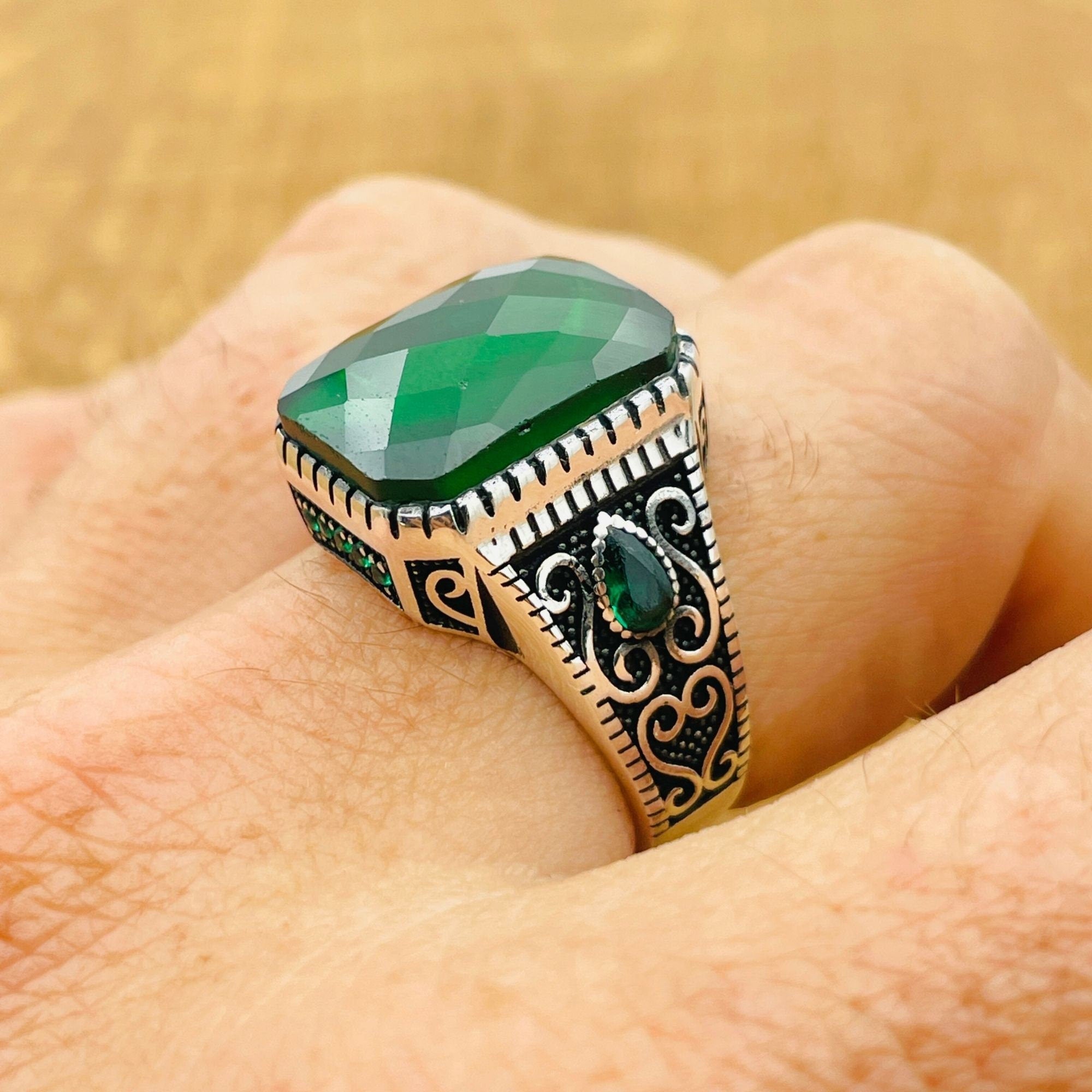 Authentic Turkish 925 Sterling Silver Men's Green Zircon Statement Ring