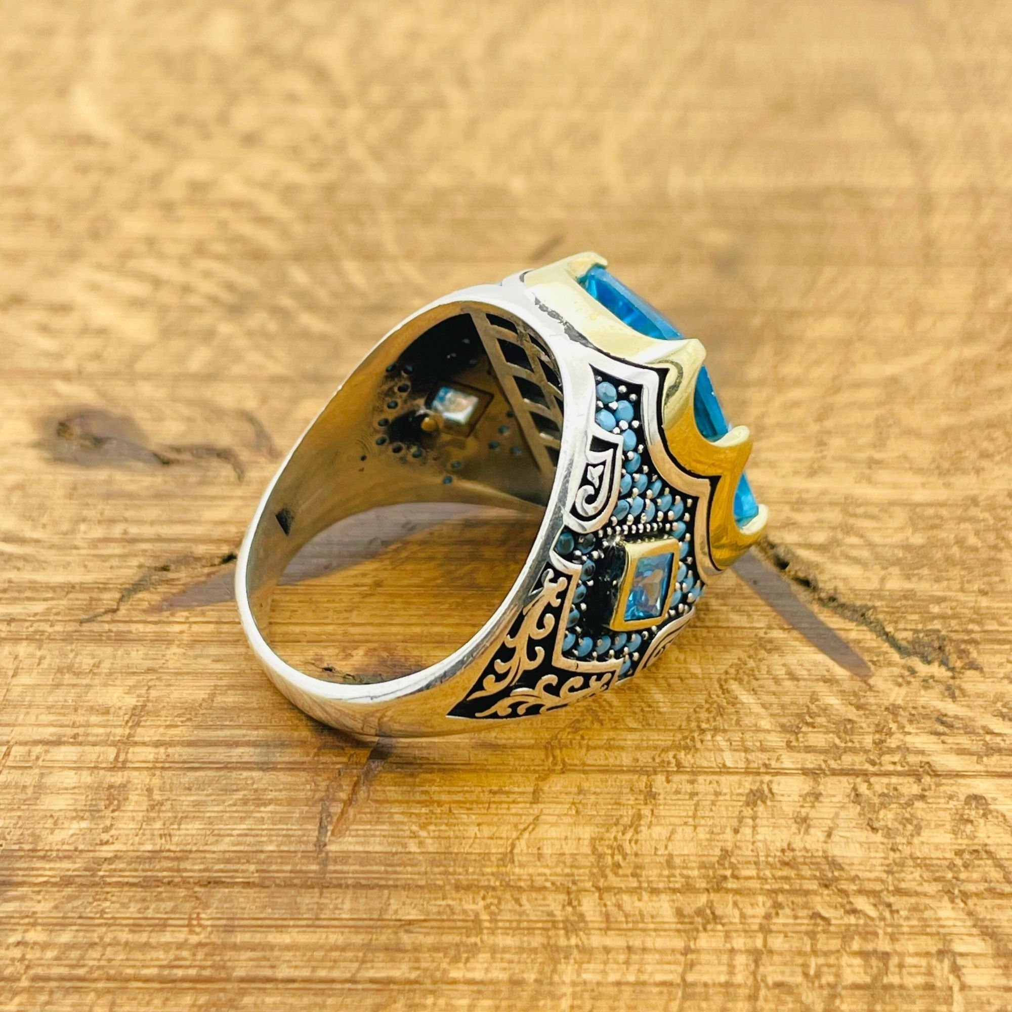 خاتم فضة استرليني 925 مرصع بالأكوامارين للرجال - هدية مجوهرات تركية بسيطة يدوية الصنع