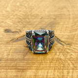 Men's Turkish Handmade Mystic Topaz Ring - 925 Sterling Silver, Multicolor Gemstone