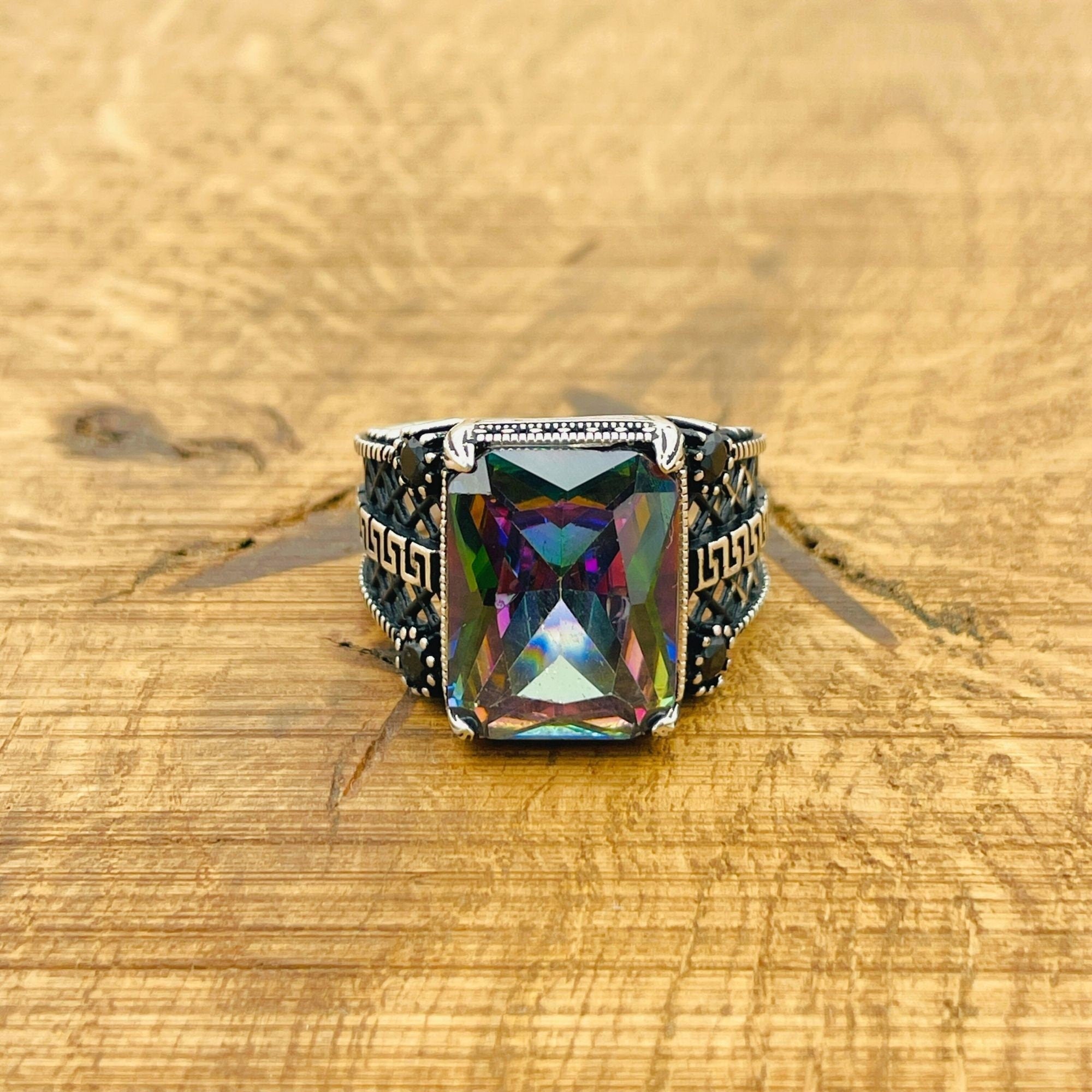 Men's Turkish Handmade Mystic Topaz Ring - 925 Sterling Silver, Multicolor Gemstone