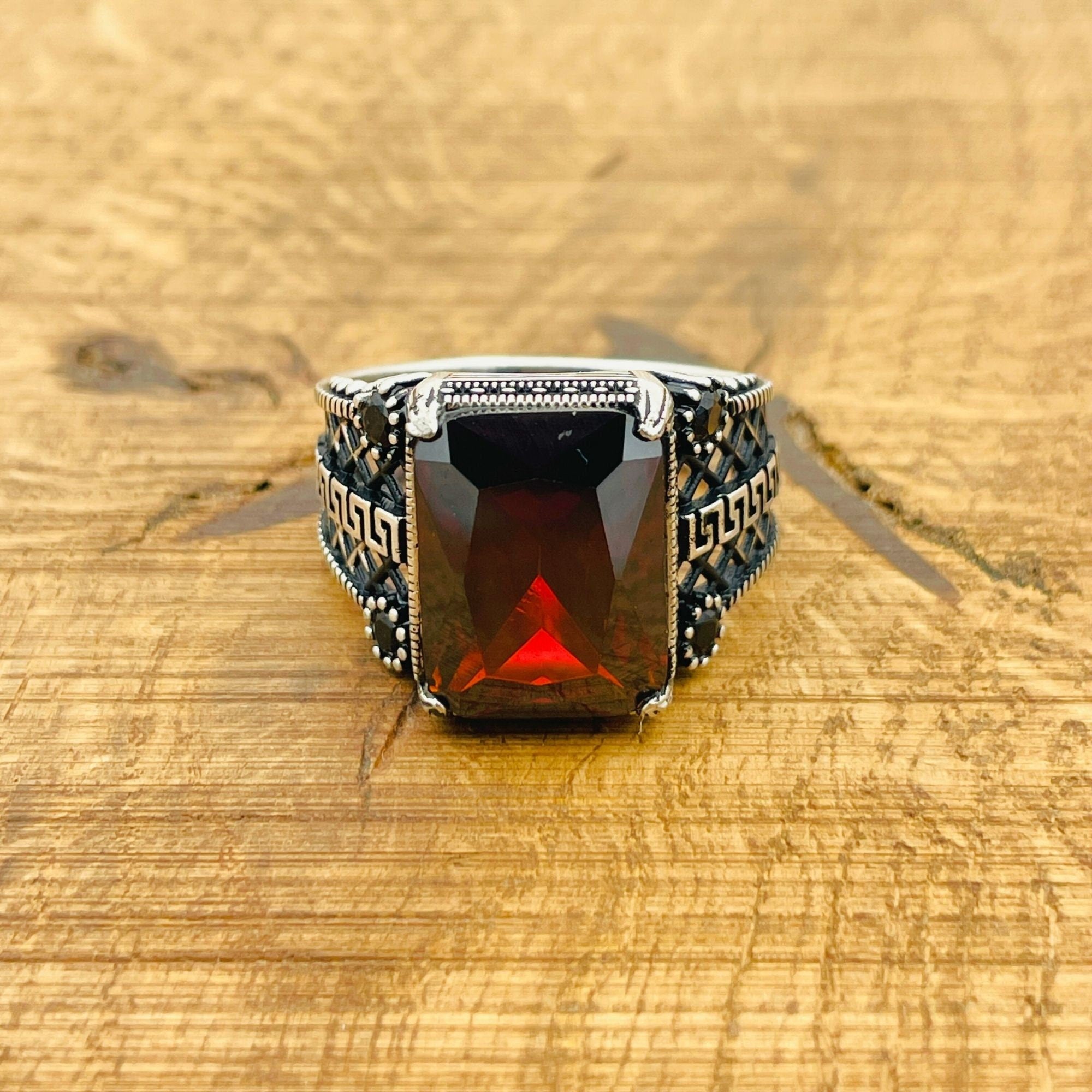 Artisan Men's Square Ruby Ring | Handcrafted 925 Sterling Silver with Turkish Flair