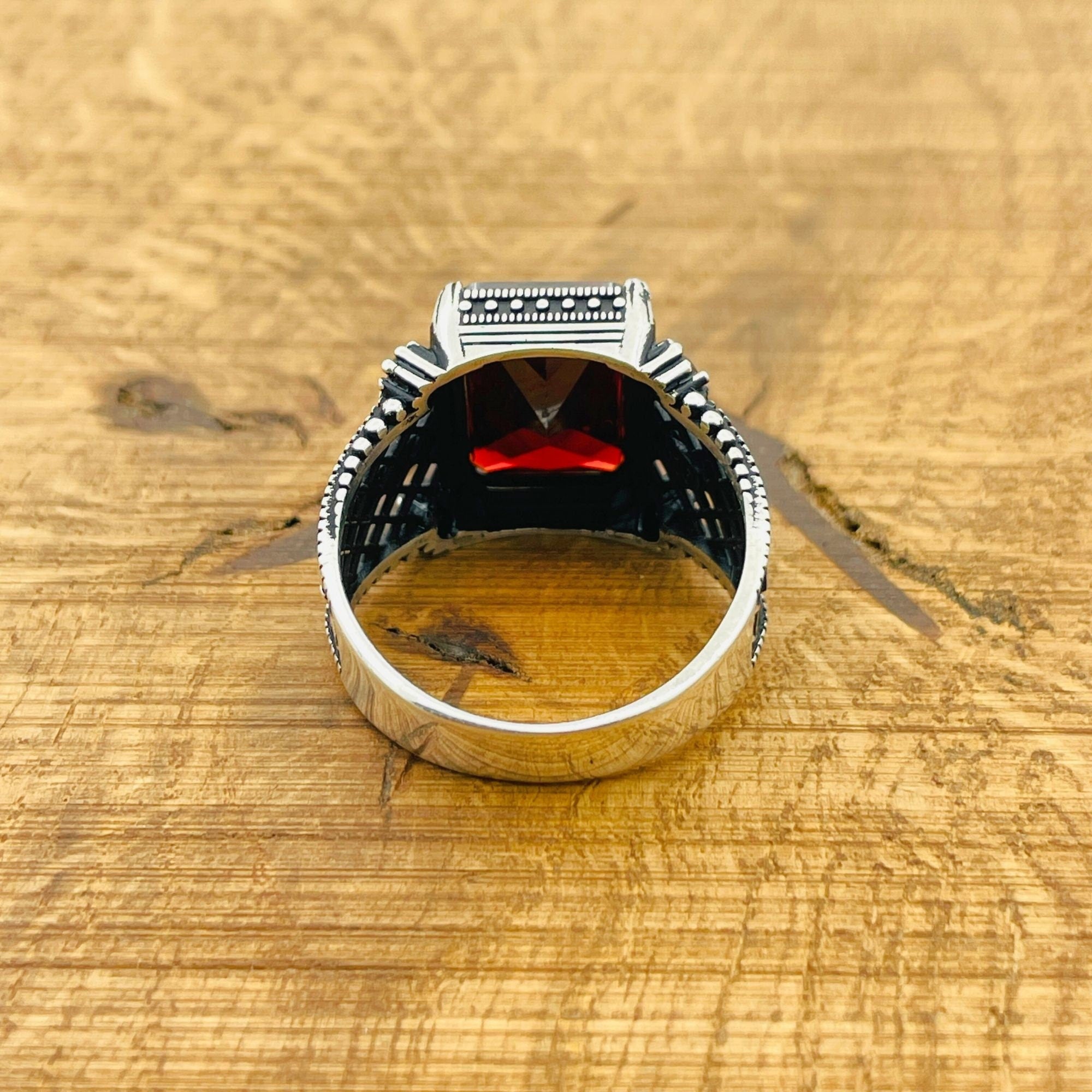 Artisan Men's Square Ruby Ring | Handcrafted 925 Sterling Silver with Turkish Flair