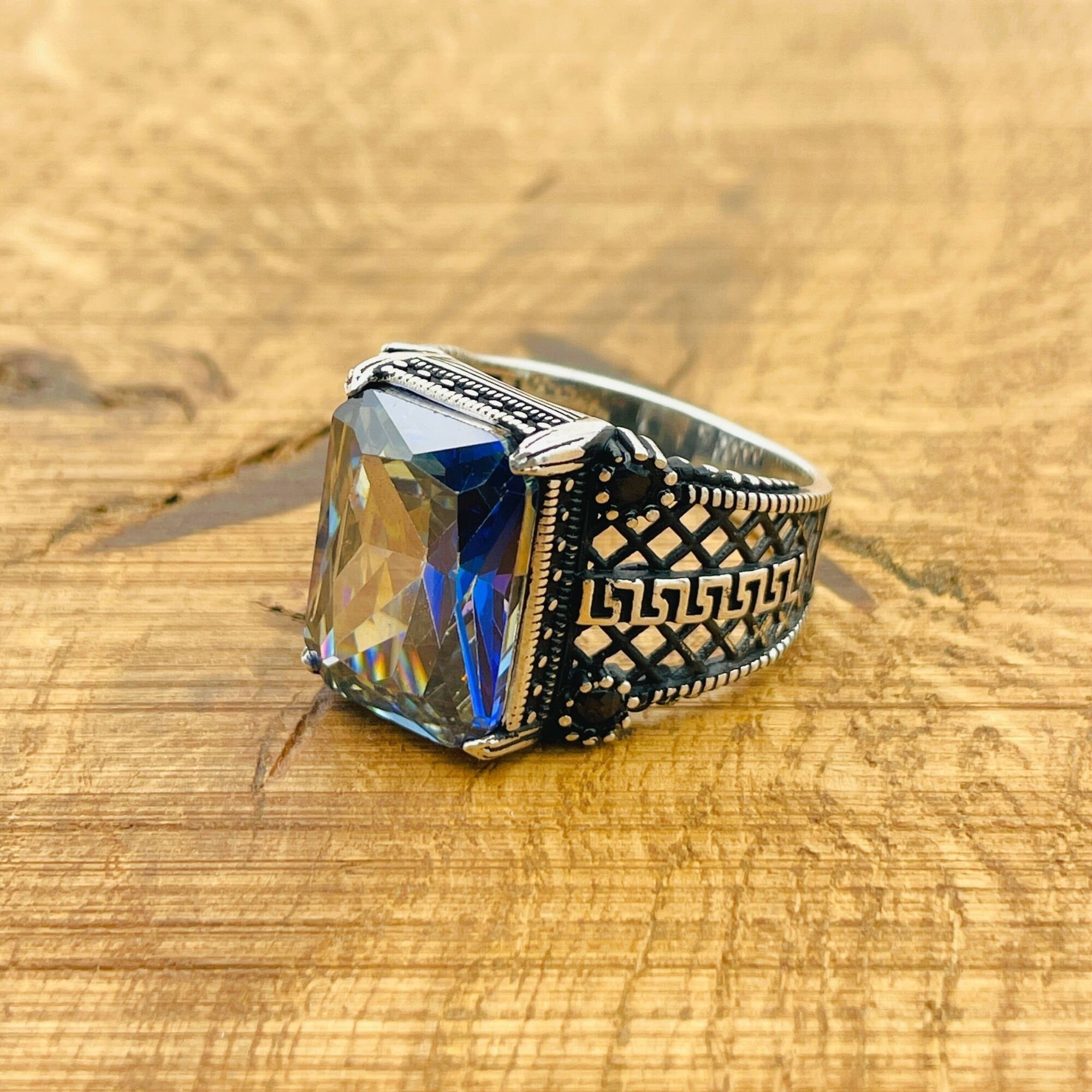 Men's Exquisite Tanzanite 925 Sterling Silver Ring - Handcrafted Ottoman Design