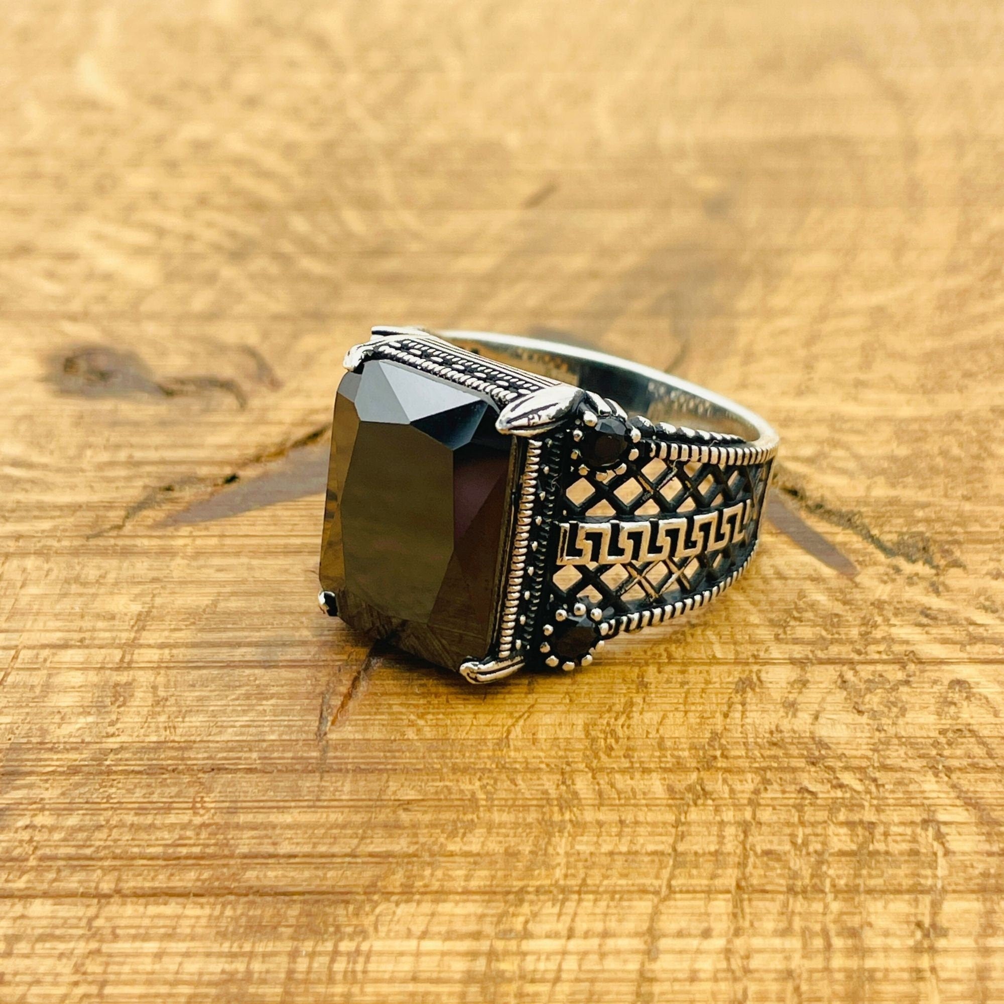 Men's Sleek Turkish Handmade 925 Sterling Silver Black Zircon Ring - Elegant Gift for Him