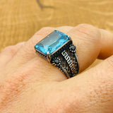 Men's Handmade Turkish Aquamarine Ring - 925 Sterling Silver Blue Stone Jewelry Gift for Him