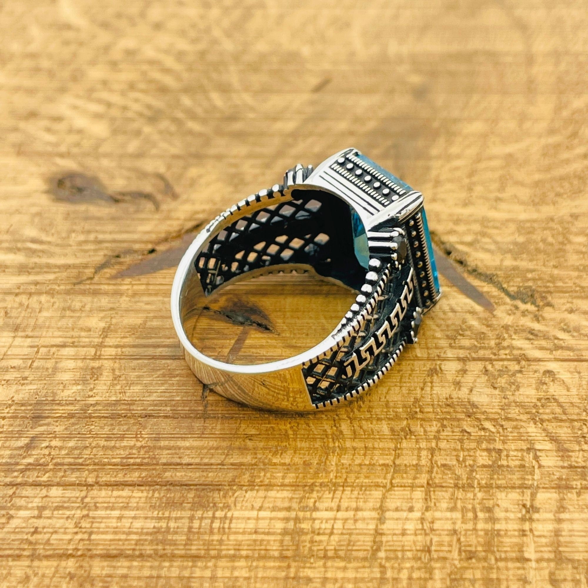 Men's Handmade Turkish Aquamarine Ring - 925 Sterling Silver Blue Stone Jewelry Gift for Him
