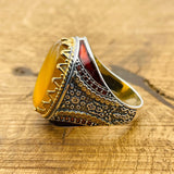 خاتم بيضاوي من العقيق الأصفر التركي اليدوي الصنع للرجال | مجوهرات بيان من الفضة الإسترلينية 925