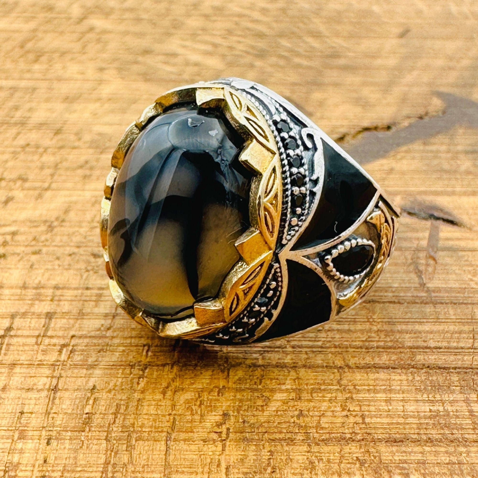Men's Vintage Black-Brown Agate Sterling Silver Ring | Handmade Turkish Gemstone Jewelry
