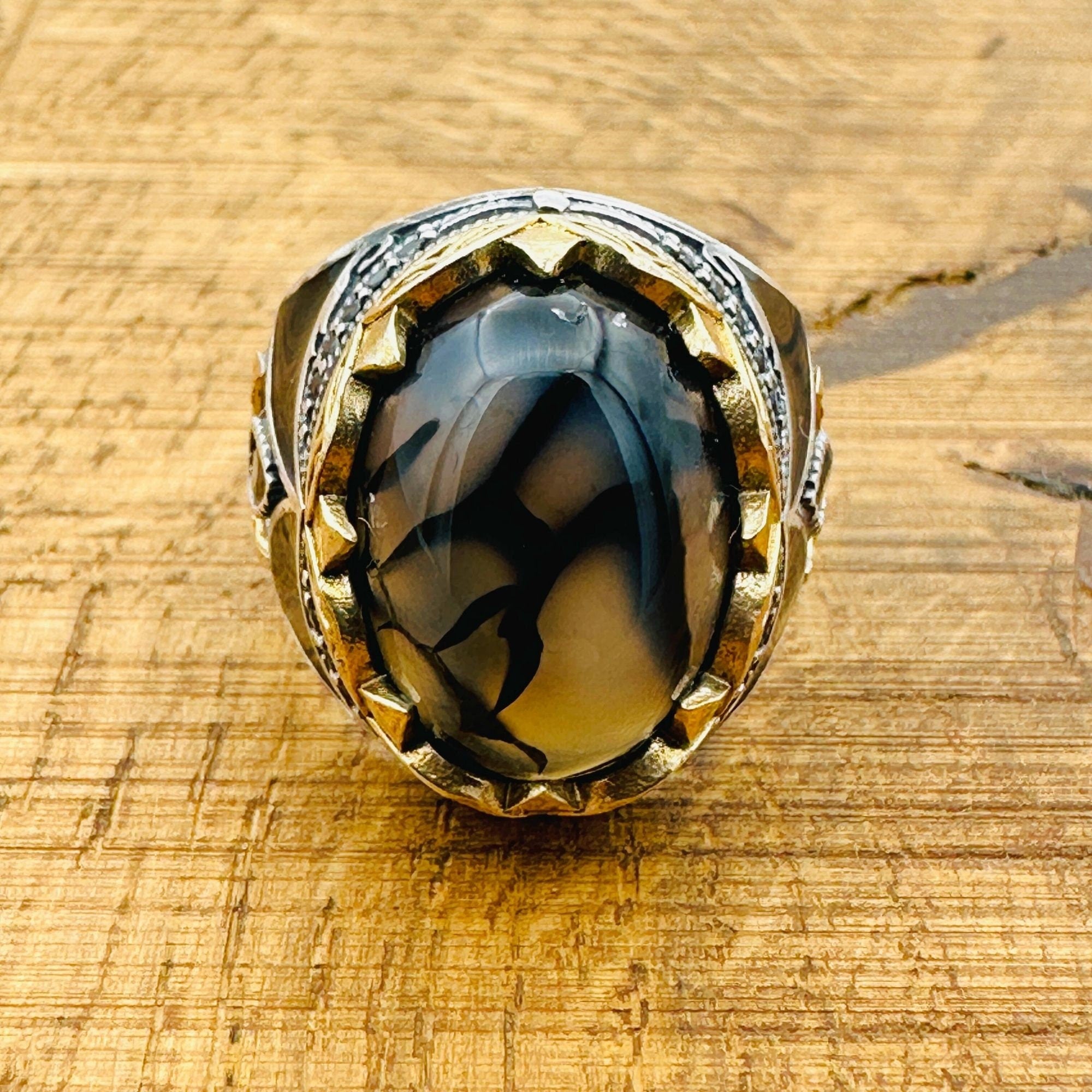 Men's Vintage Black-Brown Agate Sterling Silver Ring | Handmade Turkish Gemstone Jewelry