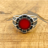 خاتم رجالي تركي مصنوع يدويًا من الفضة الإسترلينية مع حجر عقيق أحمر بيضاوي جريء - هدية مصنوعة يدويًا له