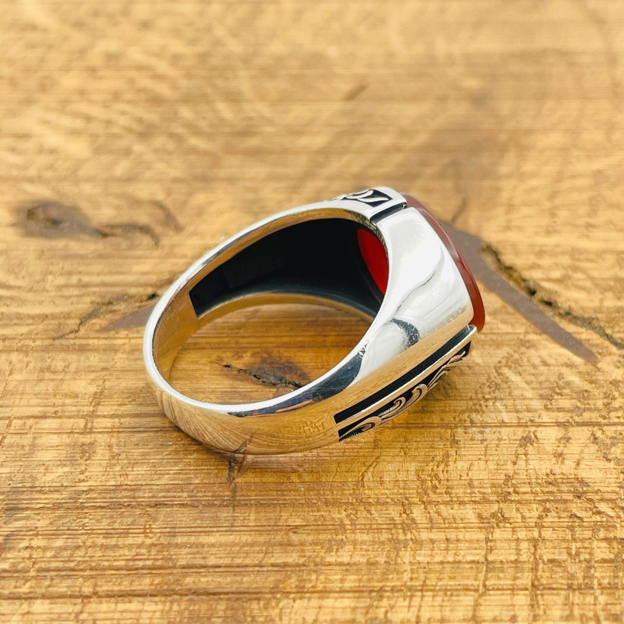 خاتم بيضاوي من العقيق الأحمر للرجال تركي مصنوع يدوياً - مجوهرات حجر كريم من الفضة الإسترلينية 925