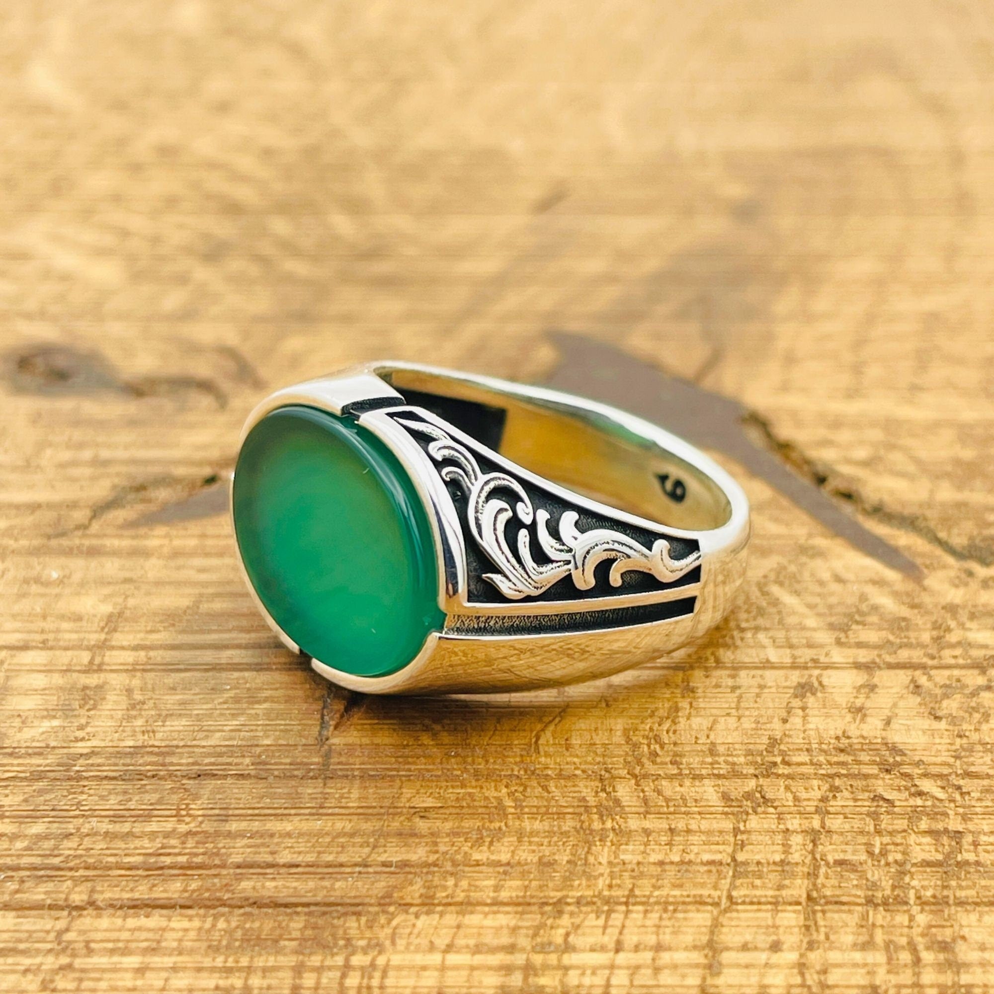 Turkish Handmade Men's Green Agate Sterling Silver Oval Ring - Artisan Vintage Style Jewelry