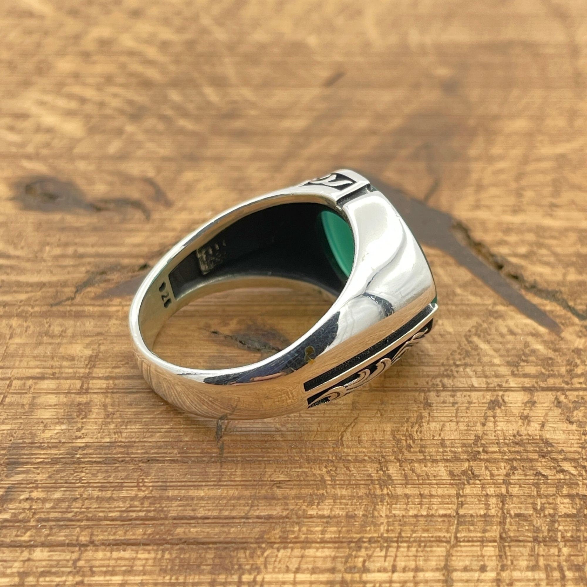 Turkish Handmade Men's Green Agate Sterling Silver Oval Ring - Artisan Vintage Style Jewelry