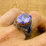Men's Turkish Handcrafted Amethyst Ring - Sterling Silver Oval Ottoman Statement Jewelry