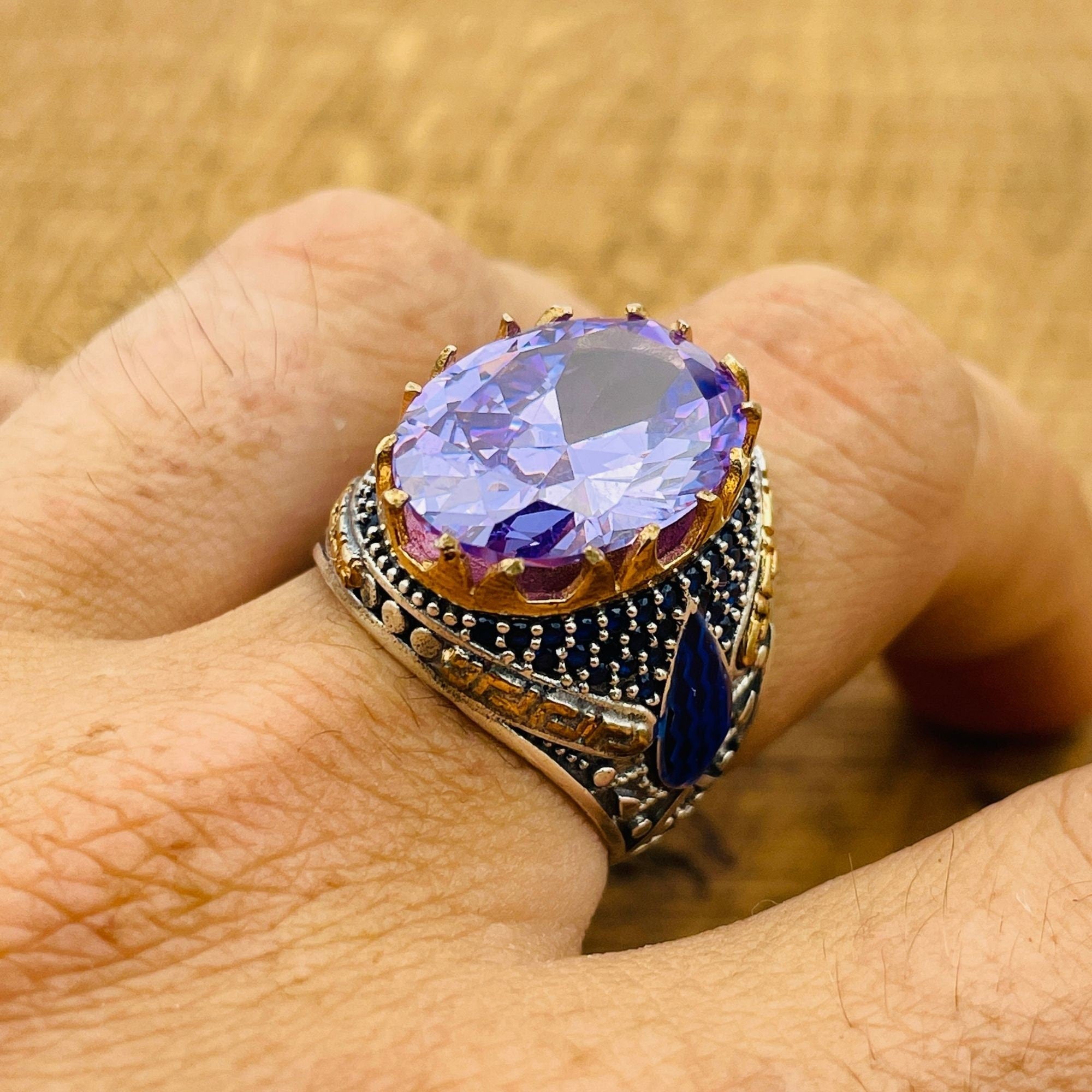 Men's Turkish Handcrafted Amethyst Ring - Sterling Silver Oval Ottoman Statement Jewelry