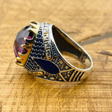 خاتم فضة إسترليني عثماني يدوي للرجال بحجر أميثيست بنفسجي بيضاوي نابض بالحياة - حرفة تركية يدوية