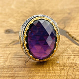 خاتم رجالي يدوي الصنع من الفضة الإسترلينية 925 على الطراز العثماني بحجر الجمشت البيضاوي - حجر كريم بنفسجي تركي