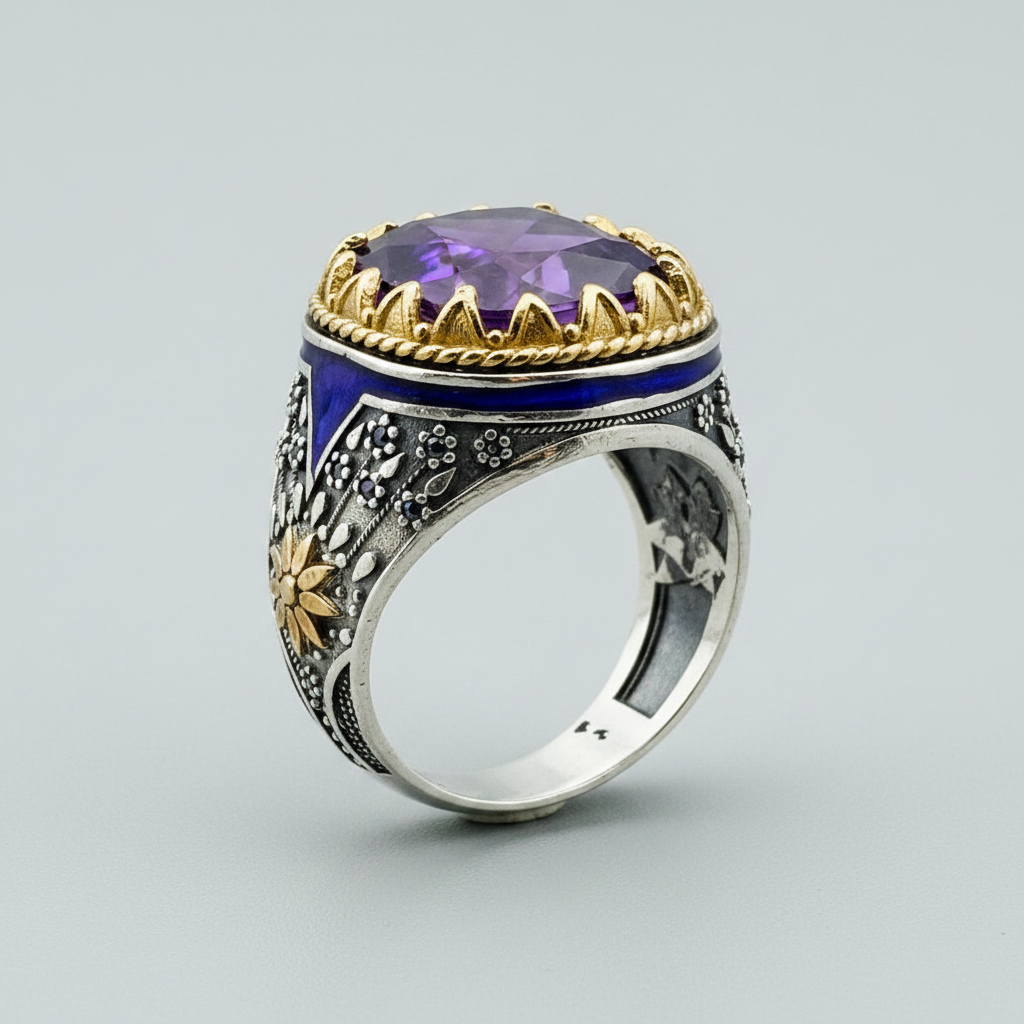 Herren handgefertigter osmanischer Sterlingsilber Amethyst Ring | Türkischer Kunsthandwerker ovaler lila Edelstein Schmuck