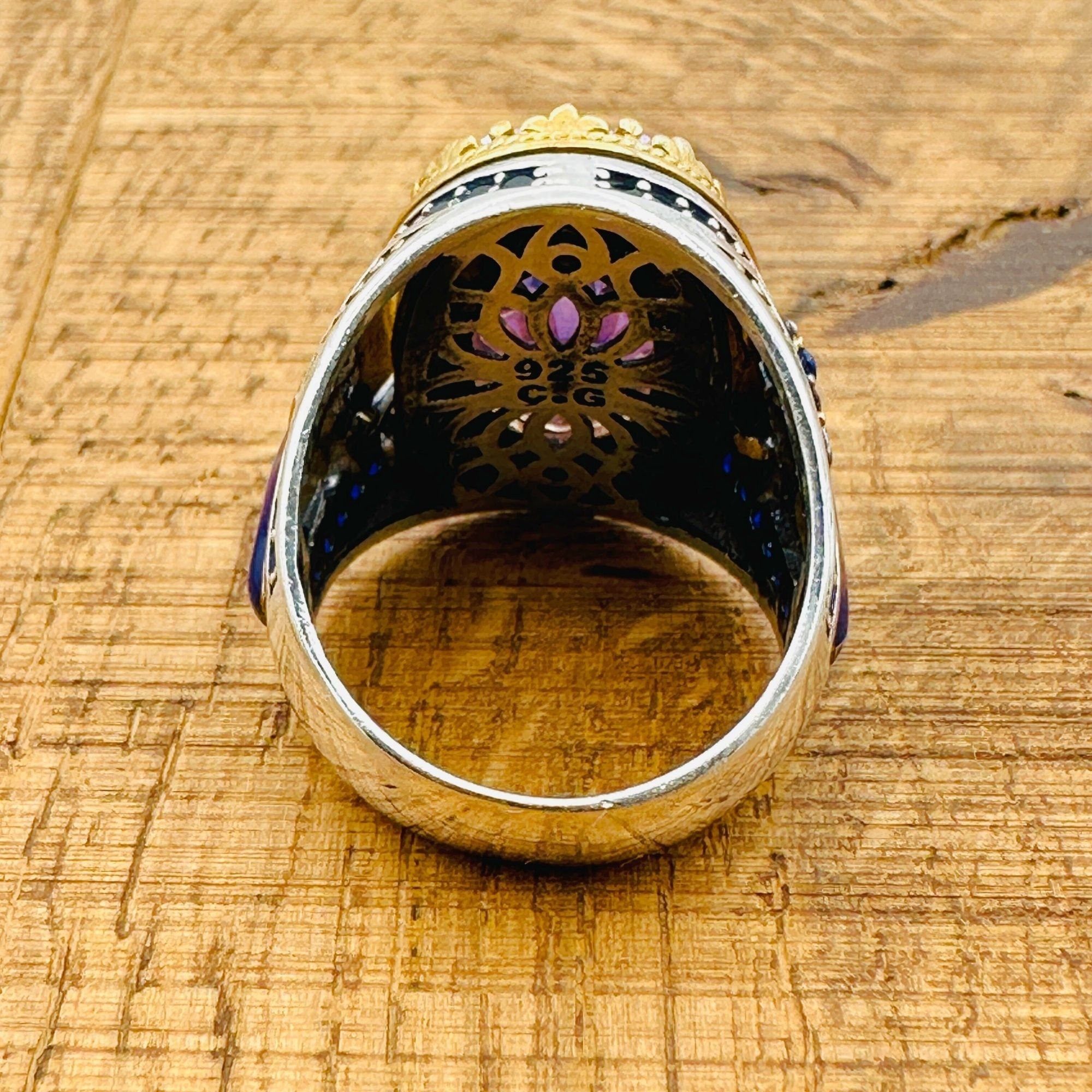 خاتم رجالي بيضاوي من الأماثيست فضة إسترليني 925 عثماني مصنوع يدويًا - مجوهرات حرفي تركي