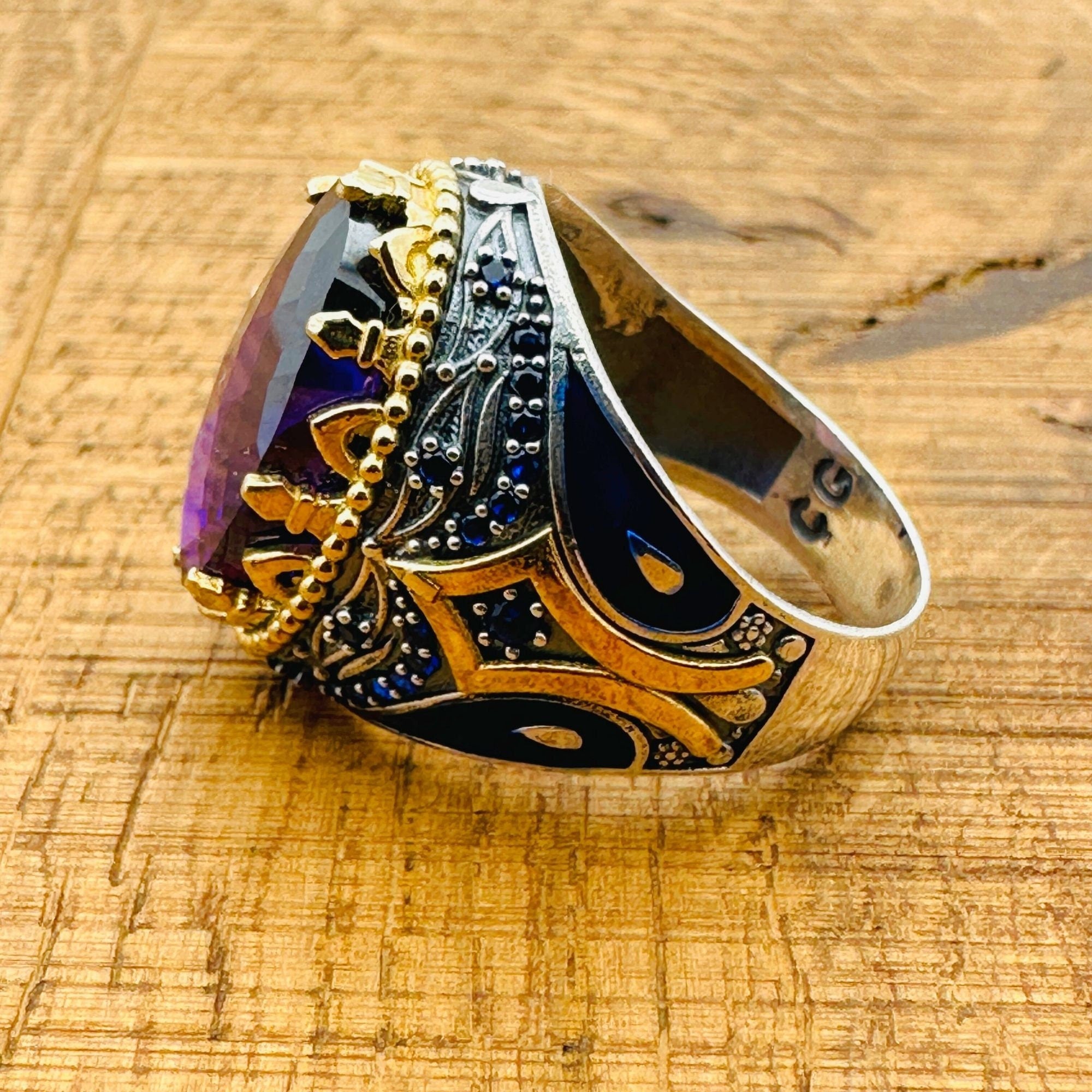 خاتم رجالي تركي يدوي الصنع من الفضة الإسترلينية 925 مع حجر الجمشت البيضاوي | مجوهرات حجرية على الطراز العثماني