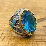 خاتم رجالي بيضاوي من الفضة الإسترلينية والجمشت الأزرق - حرفة تركية يدوية